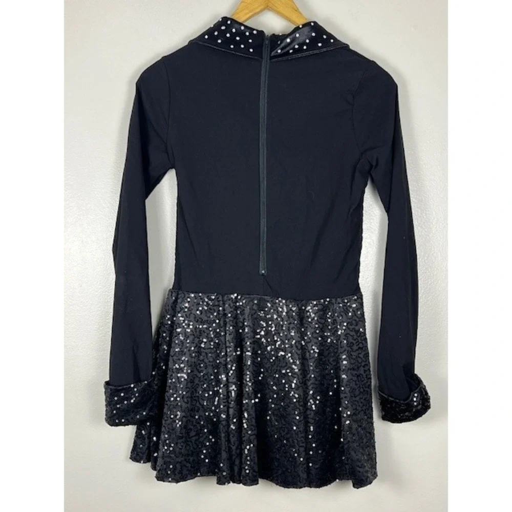 Weissman Black Rhinestone Sparkle‎ Dance Dress Costume Long Sleeve Lapel Collar